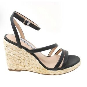 Charles David Rylee Ankle Strap Espadrille Wedge Sandals in Black Leather - NWT